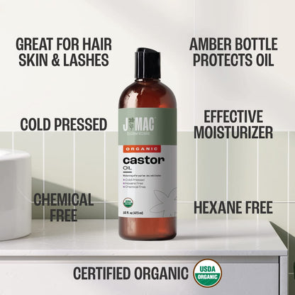 J Mac Botanicals Organic Castor Oil – Cold Pressed, Hexane Free, 16 oz for Face, Skin, Eyelashes