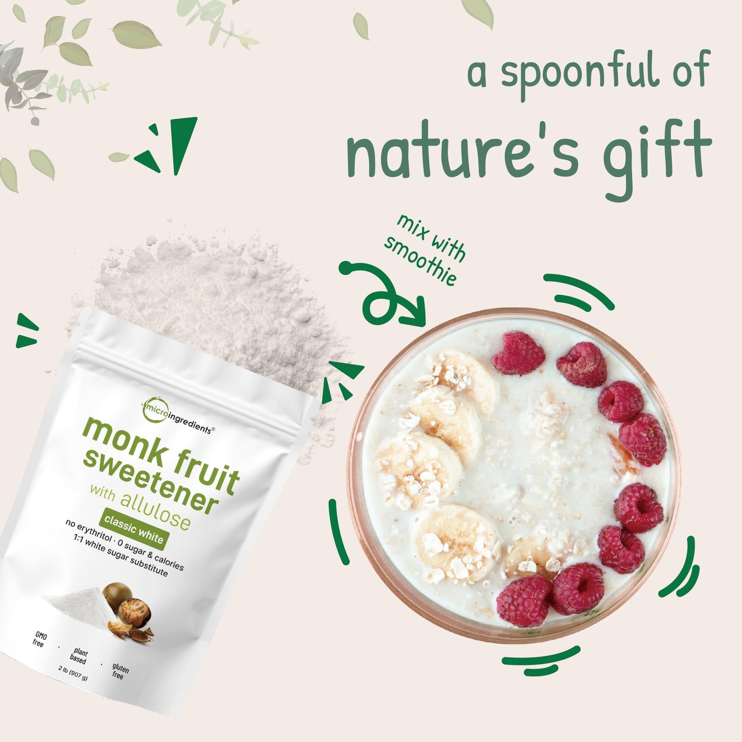 Monk Fruit Sweetener with Allulose 2 lbs | 1:1 Sugar Substitute | No Erythritol | Keto & Vegan | Micro Ingredients