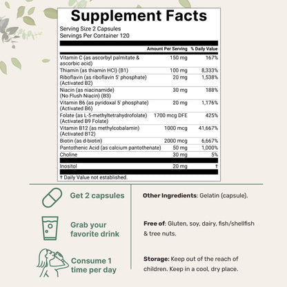 Micro Ingredients 1 Pack Pure Methylated B Complex – 480 Capsules, 11-in-1 with B12, C | Filler Free & Non-GMO