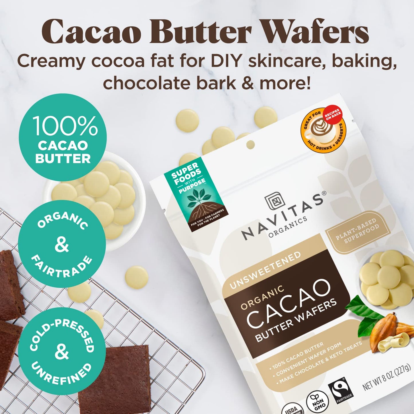 Navitas Organics Cacao Butter Wafers – 100% Unrefined Cacao Butter, USDA Organic, Fairtrade, Non-GMO, Vegan (8oz)