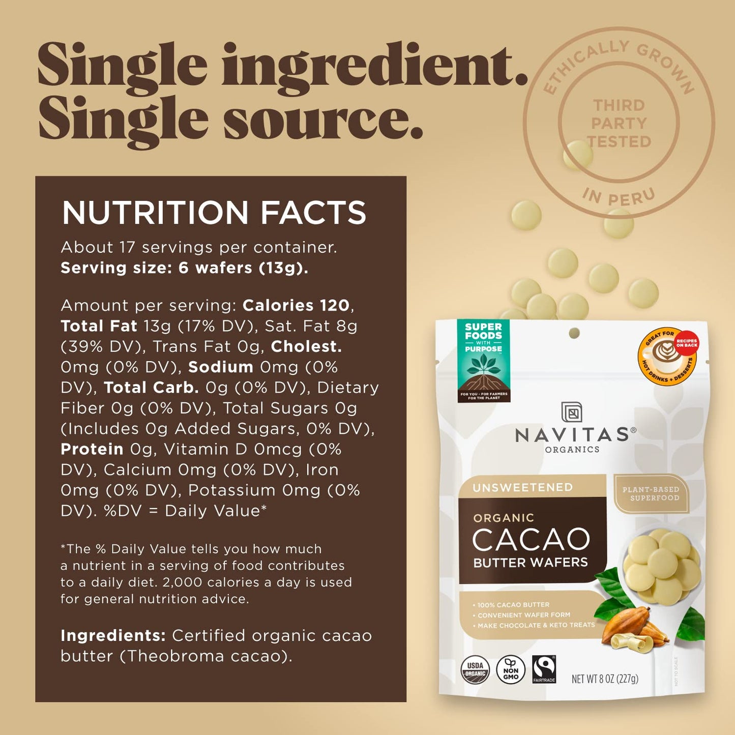 Navitas Organics Cacao Butter Wafers – 100% Unrefined Cacao Butter, USDA Organic, Fairtrade, Non-GMO, Vegan (8oz)