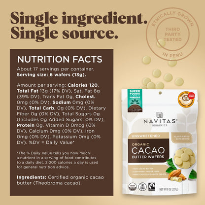 Navitas Organics Cacao Butter Wafers – 100% Unrefined Cacao Butter, USDA Organic, Fairtrade, Non-GMO, Vegan (8oz)