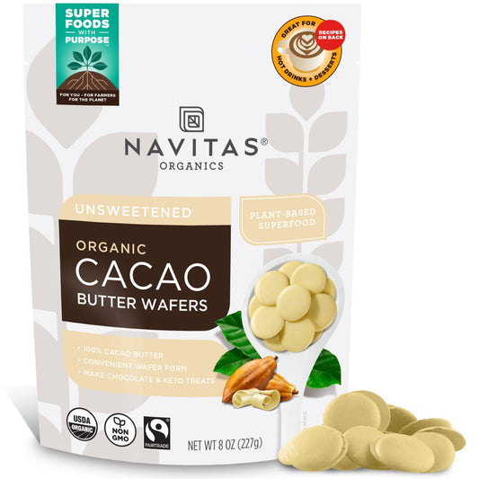 Navitas Organics Cacao Butter Wafers – 100% Unrefined Cacao Butter, USDA Organic, Fairtrade, Non-GMO, Vegan (8oz)