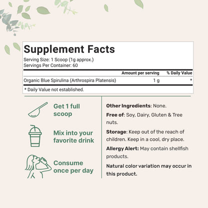 Micro Ingredients Organic Blue Spirulina Powder (Phycocyanin Extract), 60 Servings - No Fishy Smell, 100% Vegan Protein from Blue-Green Algae