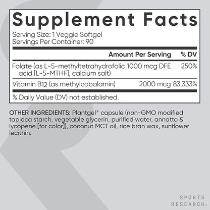 Sports Research® 5-MTHF Methyl Folate w/Methylated B12, 90 Count Plantgels