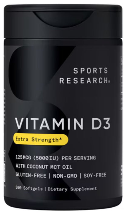 Sports Research Vitamin D3 5000 IU with Coconut MCT Oil – Extra Strength D3 Softgels, Non-GMO, Gluten & Soy Free, 30 Softgels