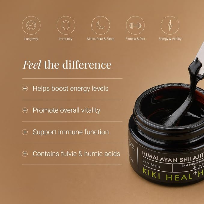 KIKI Health - Himalayan Shilajit, 100% Pure Resin - A Rich Blend of 85+ Trace Minerals, Humic and Fulvic Acids - Supports Energy Levels, Immune Function, and Vitality - 30g