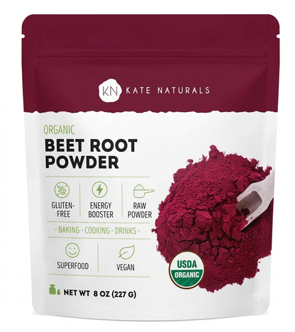 Kate Naturals Beet Root Powder Organic for Smoothie & Energy Boost. Nitric Oxide Supplement for Workout (8oz, Earth Flavor, Mix with Juice Easily)