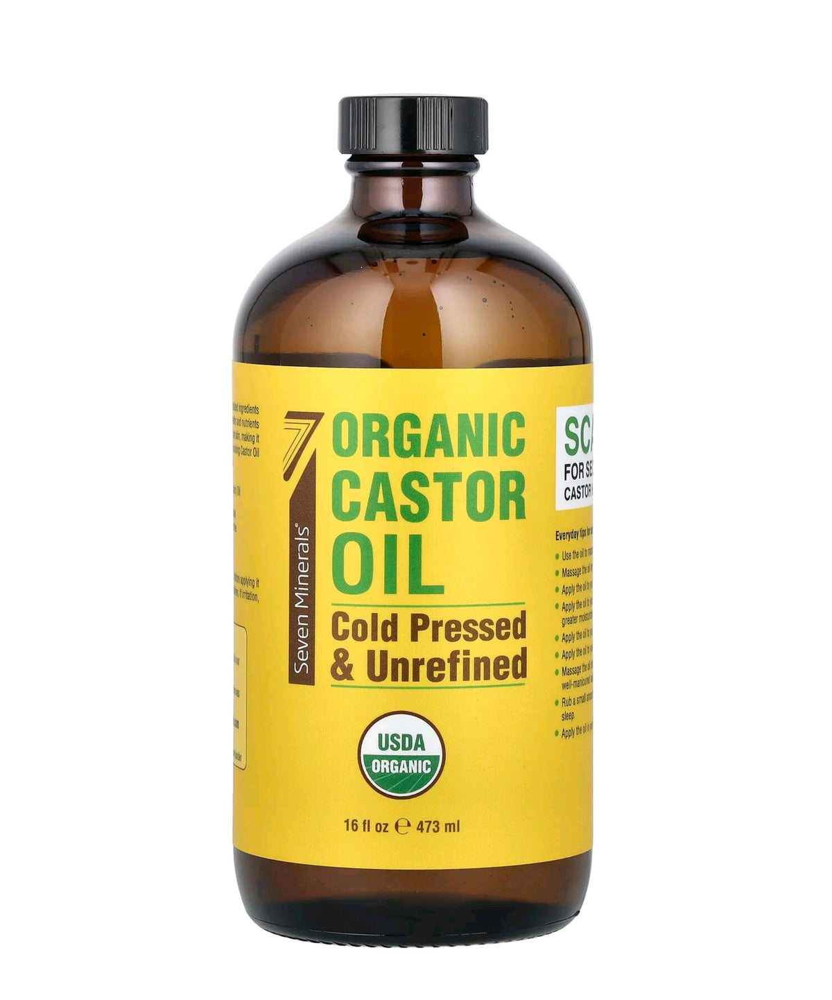 Seven Minerals New 16 fl oz Glass Bottle Castor Oil Organic Cold Pressed Unrefined Glass Bottle Pack - 100% Pure USDA Certified Organic Hexane Free