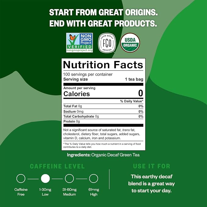 FGO Organic Green Tea Bags (Decaf) | 100 Tea Bags | Eco-Conscious Tea Bags in Kraft Bag | Raw from China |