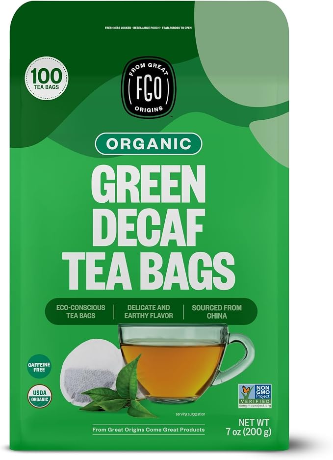 FGO Organic Green Tea Bags (Decaf) | 100 Tea Bags | Eco-Conscious Tea Bags in Kraft Bag | Raw from China |