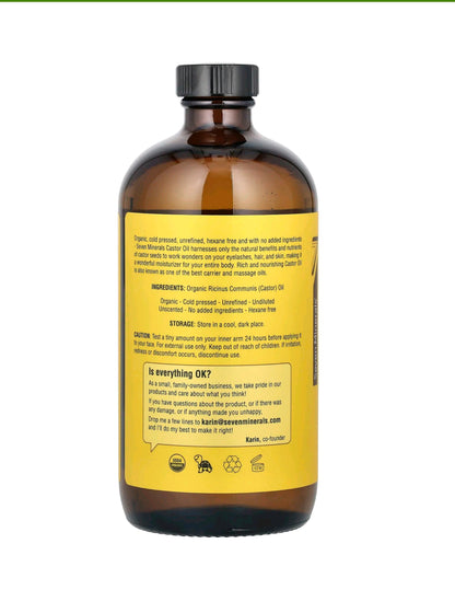 Seven Minerals New 16 fl oz Glass Bottle Castor Oil Organic Cold Pressed Unrefined Glass Bottle Pack - 100% Pure USDA Certified Organic Hexane Free