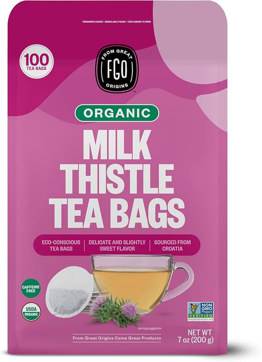 FGO Organic Milk Thistle Tea Bags (100 Tea Bags, 7 oz) - Pure & Caffeine-Free Herbal Infusion