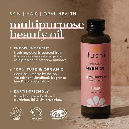 Fushi Organic Neem Oil - 100% Pure Multipurpose Beauty Oil for Skin, Hair & Oral Health-50ml