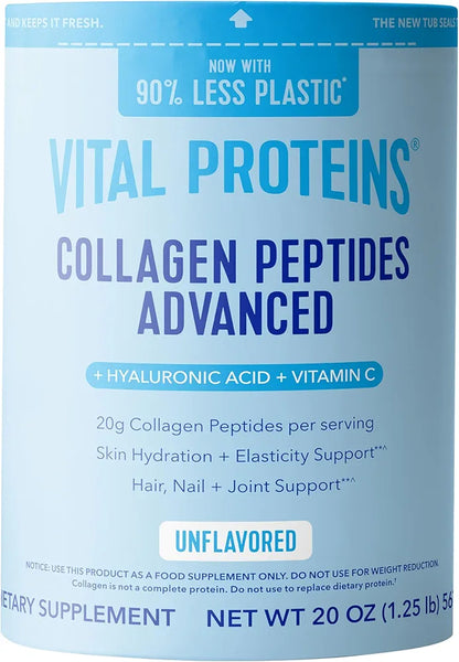 Vital Proteins Collagen Peptides Powder Advanced with Hyaluronic Acid & Vitamin C - 20g Collagen Protein per serving , Unflavored,