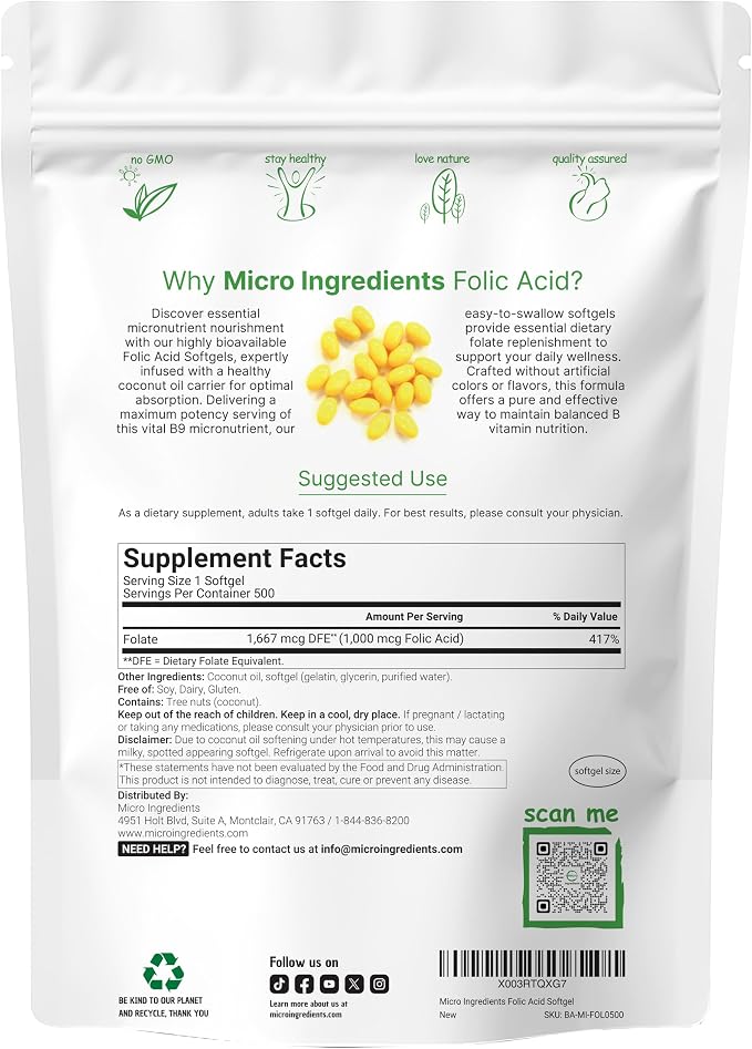 Folic Acid 1,000 mcg, 500 Coconut Oil Softgels (1mg) | Essential Prenatal Vitamins (Vitamin B9) | 1,667 mcg DFE | Third Party Tested, No Artificial Colors or Flavors | Non-GMO, Gluten Free