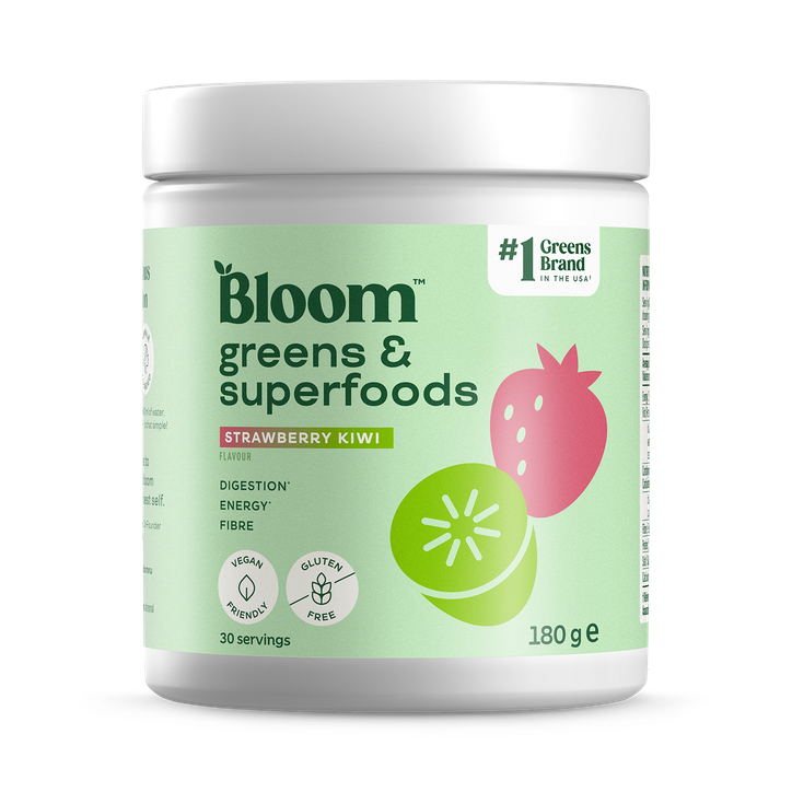 Bloom Nutrition Greens and Superfoods Powder for Digestive Health, Greens Powder, Digestive Enzymes, Probiotics, Spirulina, Chlorella for Bloating & Gut Support, Green Juice, 30 SVG, Strawberry Kiwi