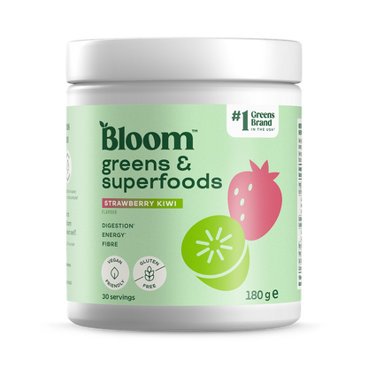 Bloom Nutrition Greens and Superfoods Powder for Digestive Health, Greens Powder, Digestive Enzymes, Probiotics, Spirulina, Chlorella for Bloating & Gut Support, Green Juice, 30 SVG, Strawberry Kiwi