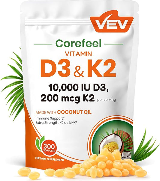 VEV Vitamin D3 K2 10,000 IU, 200 mcg K2, 300 Coconut Oil Softgels