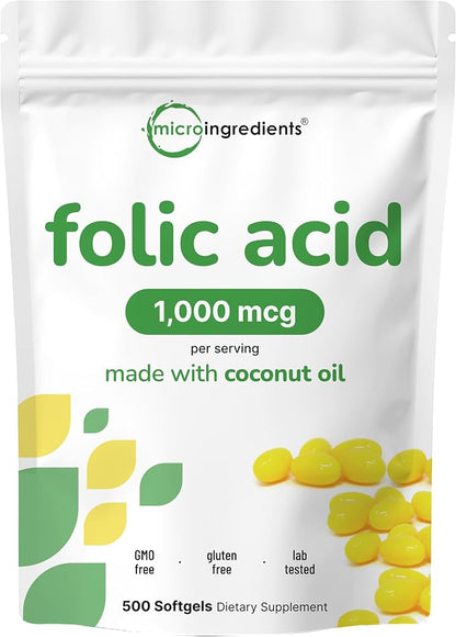 Folic Acid 1,000 mcg, 500 Coconut Oil Softgels (1mg) | Essential Prenatal Vitamins (Vitamin B9) | 1,667 mcg DFE | Third Party Tested, No Artificial Colors or Flavors | Non-GMO, Gluten Free