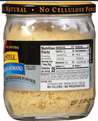 4C, Grated Cheese Homestyle Three Cheese Parmesan Asiago Romano, 6 Ounce