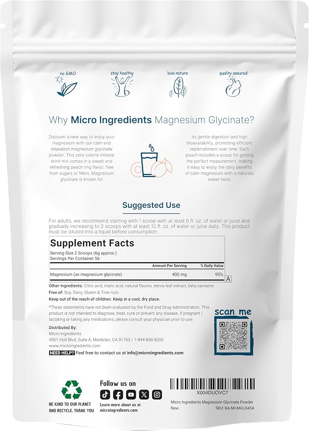 Micro Ingredients Magnesium Glycinate Powder For Sleep & Relax, 12 Oz (56 Servings) | 400 Mg Magnesium Glycinate High Bioavailability | Muscle, Bones & Mood Support