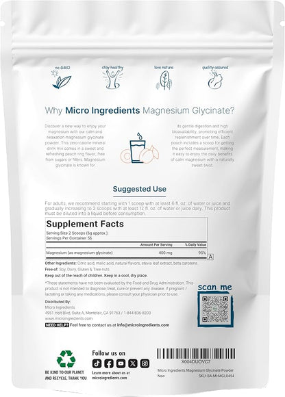 Micro Ingredients Magnesium Glycinate Powder For Sleep & Relax, 12 Oz (56 Servings) | 400 Mg Magnesium Glycinate High Bioavailability | Muscle, Bones & Mood Support