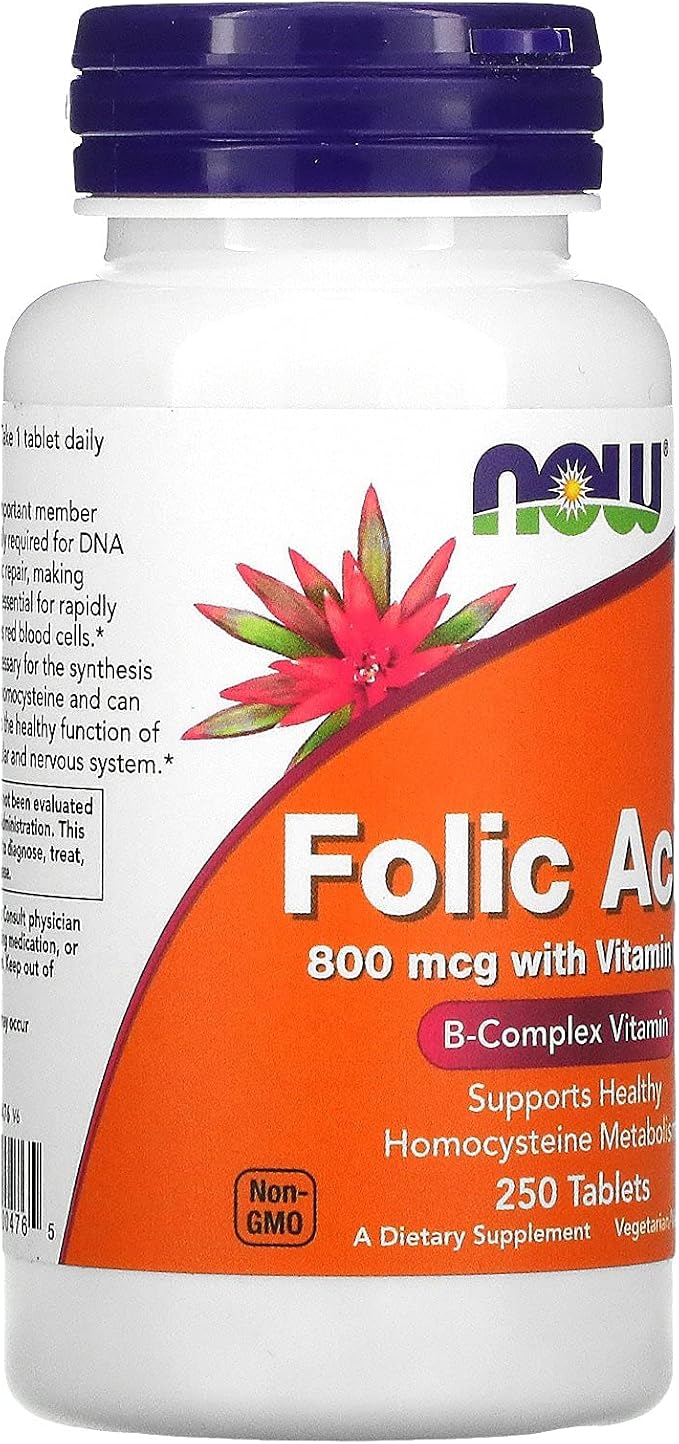Now Foods Folic Acid 800 mcg with Vitamin B-12 | Red Blood Cell Formation & DNA Synthesis & Healthy Homocysteine & Cardiovascular & Nervous System Support | 250 Tablets