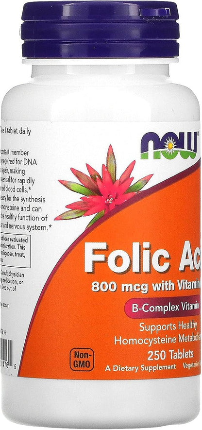 Now Foods Folic Acid 800 mcg with Vitamin B-12 | Red Blood Cell Formation & DNA Synthesis & Healthy Homocysteine & Cardiovascular & Nervous System Support | 250 Tablets