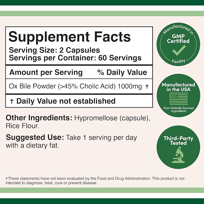 Ox Bile 1,000mg, Digestive Enzyme Bile Salts, 45% Cholic Acid, 120 Capsules