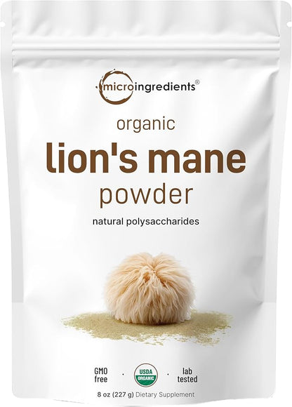 Micro Ingredients Organic Lion’s Mane Mushroom Powder, 8oz | Pure Fruiting Body Superfood | Supports Brain, Focus, Energy & Immune Health | Great for Smoothies & Coffee | Filler Free, Vegan, Non-GMO