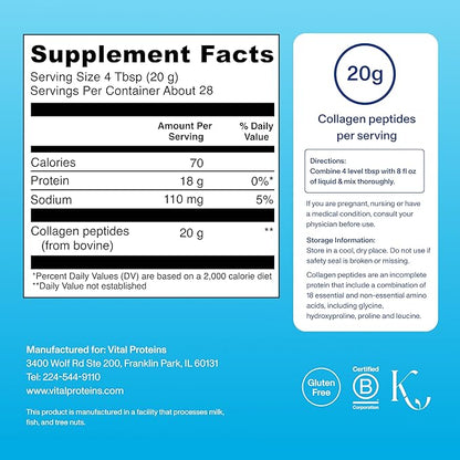 Vital Proteins Collagen Peptides Powder - Grass Fed Collagen Peptides for Hair, Nail, Skin, Bone & Joint Health, Unflavored, 27 Servings_547g.
