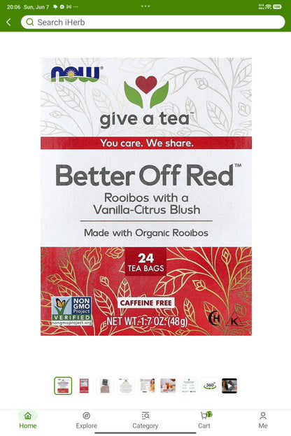 NOW Foods, Better Off Red™ Tea, Caffeine Free, 24 Tea Bags, 1.7 oz (48 g) (Discontinued Item)
By NOW Foods