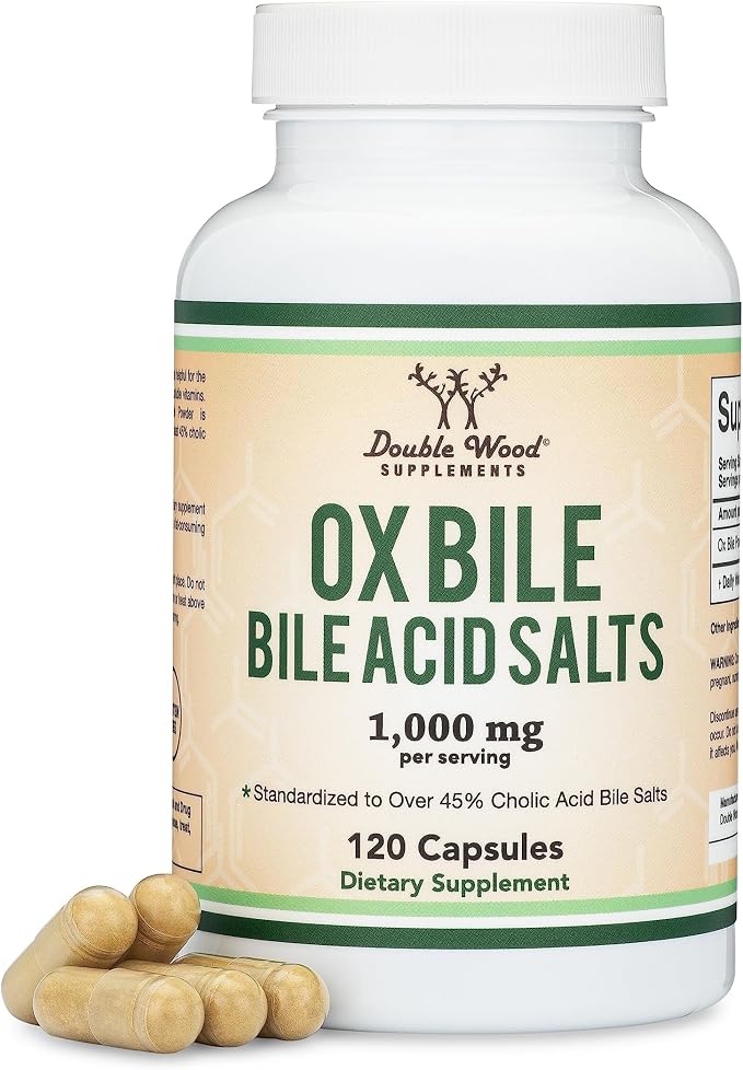 Ox Bile 1,000mg, Digestive Enzyme Bile Salts, 45% Cholic Acid, 120 Capsules