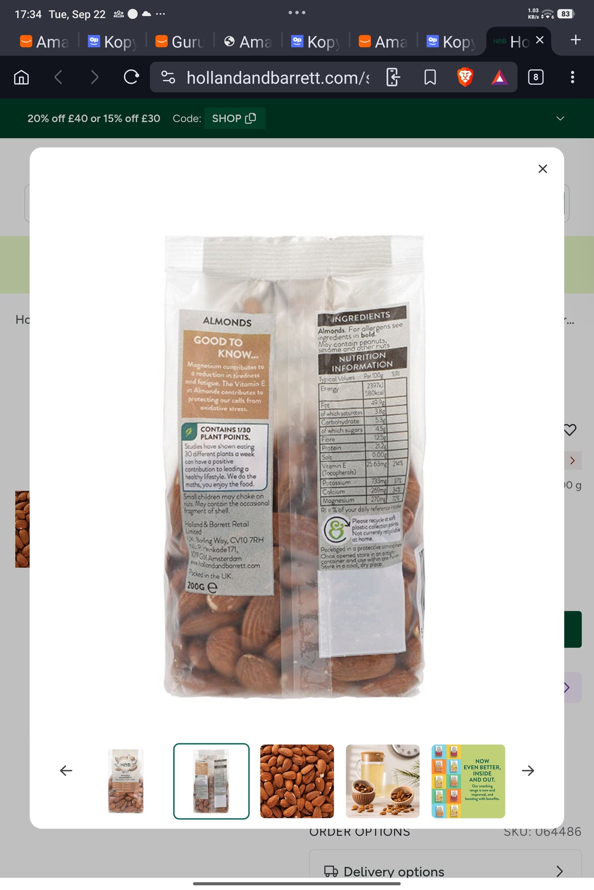 H&B Organic Almonds - 200g