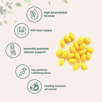 Folic Acid 1,000 mcg, 500 Coconut Oil Softgels (1mg) | Essential Prenatal Vitamins (Vitamin B9) | 1,667 mcg DFE | Third Party Tested, No Artificial Colors or Flavors | Non-GMO, Gluten Free