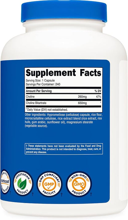 Nutricost Choline Bitartrate (650mg) 240 Vegetarian Capsules