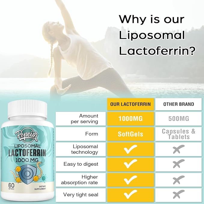 Liposomal Bovine Lactoferrin 1000 mg - Higher Absorption - for Iron Absorption & Immune Function Lactoferrin Supplements for Adults, 60 Softgels