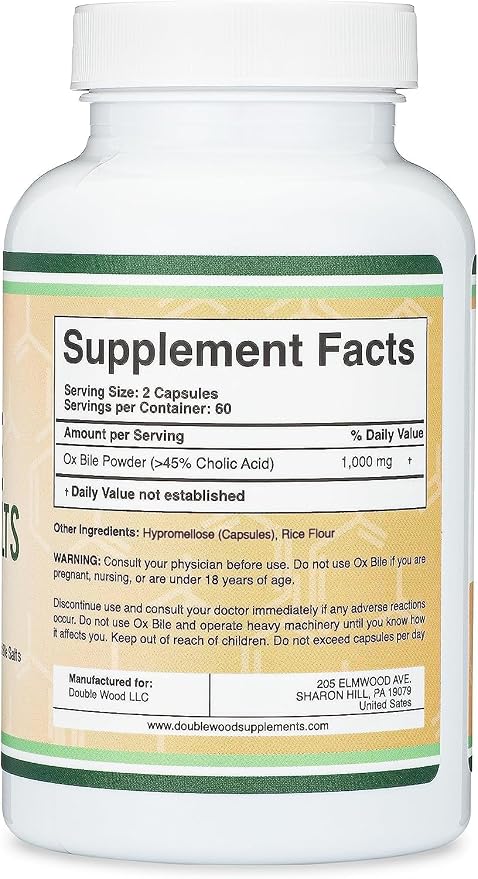 Ox Bile 1,000mg, Digestive Enzyme Bile Salts, 45% Cholic Acid, 120 Capsules