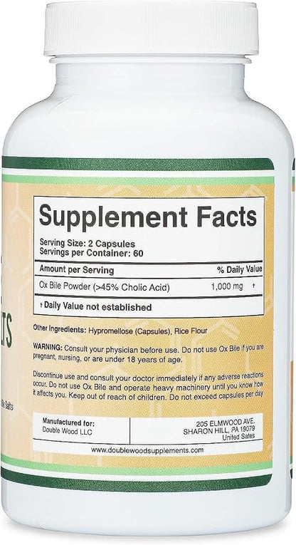 Ox Bile 1,000mg, Digestive Enzyme Bile Salts, 45% Cholic Acid, 120 Capsules