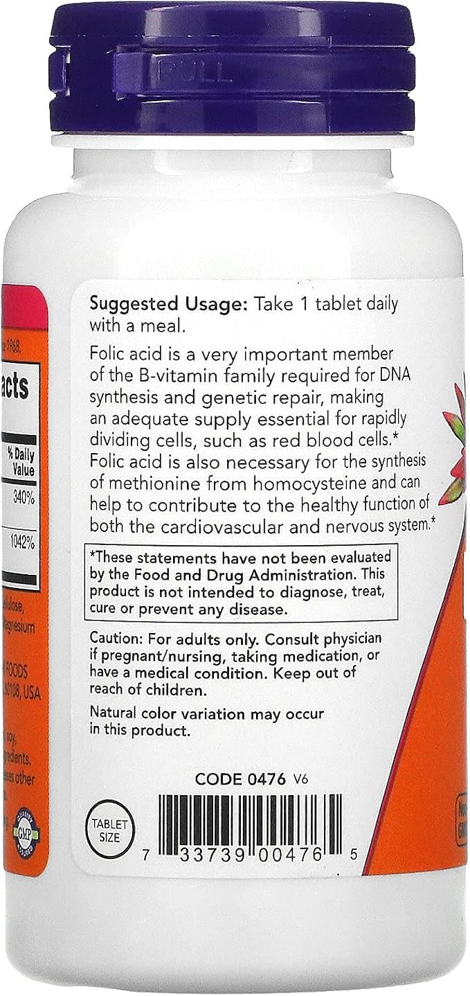 Now Foods Folic Acid 800 mcg with Vitamin B-12 | Red Blood Cell Formation & DNA Synthesis & Healthy Homocysteine & Cardiovascular & Nervous System Support | 250 Tablets
