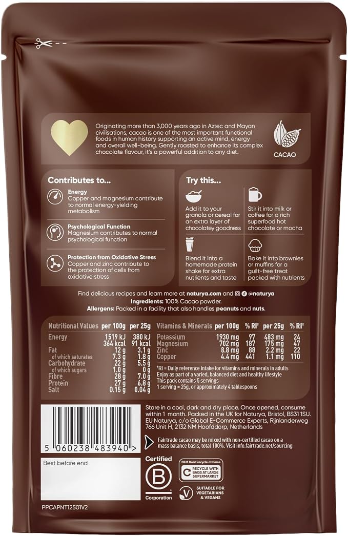 Naturya Single Origin Cacao Powder - Nutrient-Rich Superfood (125g)