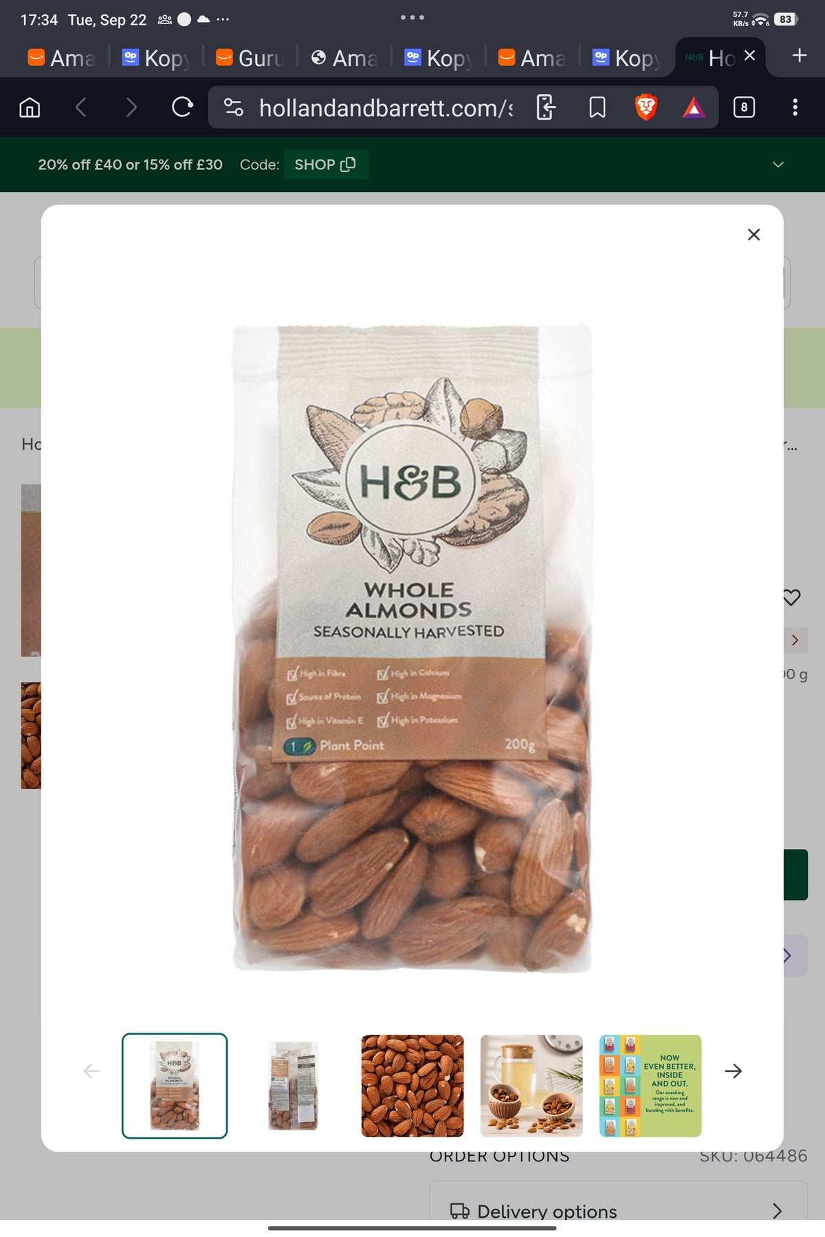 H&B Organic Almonds - 200g