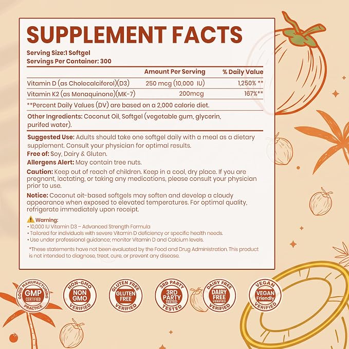 VEV Vitamin D3 K2 10,000 IU, 200 mcg K2, 300 Coconut Oil Softgels