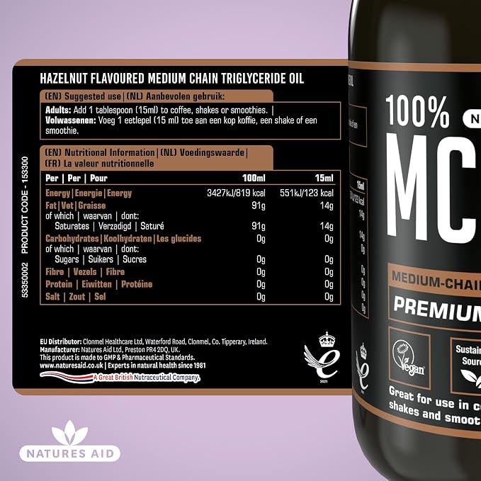 Natures Aid 100% MCT Oil - Hazelnut Flavour (500ml)