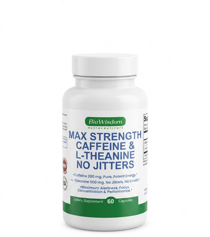 Max Strength Caffeine L Theanine Pills (200mg/500mg) - No Jitters Peak Energy, Focus, Performance, Alertness - Caffeine Pills & L-Theanine Capsules, No Crash & Drowsiness, Potent Supplement.