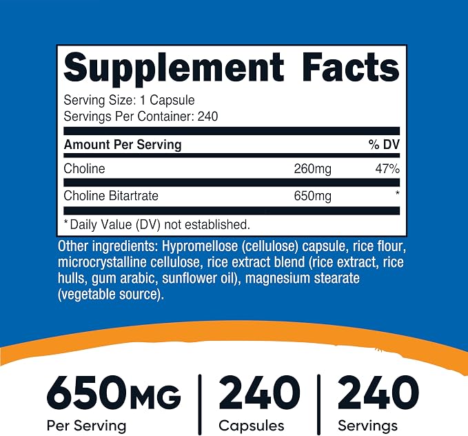 Nutricost Choline Bitartrate (650mg) 240 Vegetarian Capsules