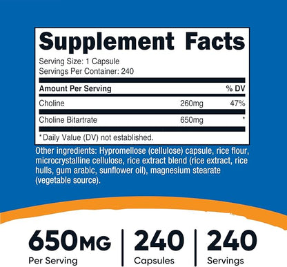 Nutricost Choline Bitartrate (650mg) 240 Vegetarian Capsules