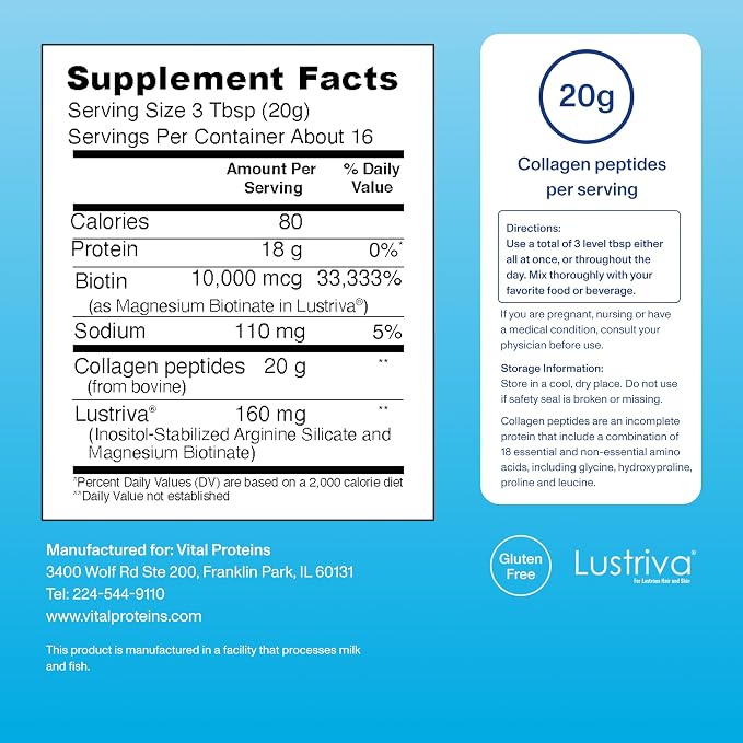 Vital Proteins Collagen Peptides + Biotin 10000mcg Hair Complex, Hair Growth Supplement - Clinically Studied Lustriva to Promote Thicker Fuller Hair, 20g Unflavored Collagen for Women 11.4oz Powder
