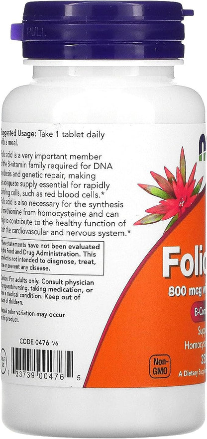 Now Foods Folic Acid 800 mcg with Vitamin B-12 | Red Blood Cell Formation & DNA Synthesis & Healthy Homocysteine & Cardiovascular & Nervous System Support | 250 Tablets